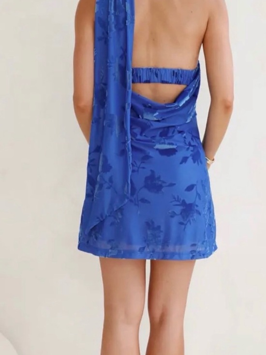 Hello Molly Cobalt One-Shoulder Floral Satin Dress - Picture 3 of 3